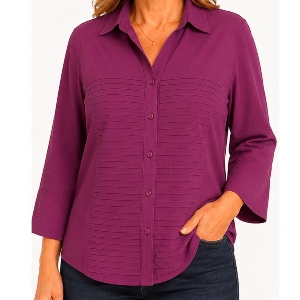 Zac‎ & Rachel Woman Maroon Pintuck Button Down 3/4 Sleeve Blouse Top 3X